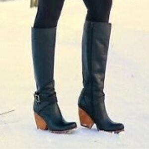 Korks Ease Natali Black leather brown Knee high buckle riding moto boots  7.5